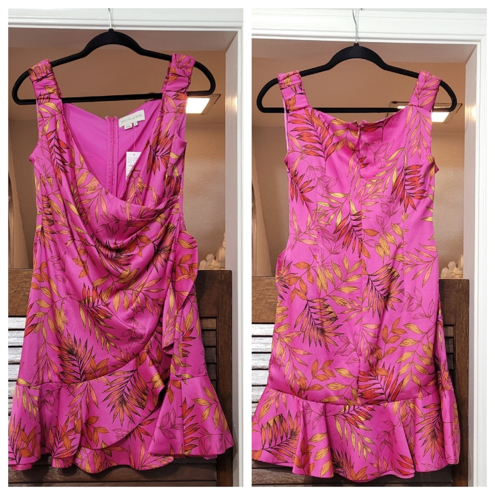 🤑SOLD🤑Sachin & Babi Abigail Off-The-Shoulder Leaf Print Satin Twill Wrap Dress - Picture 3 of 13